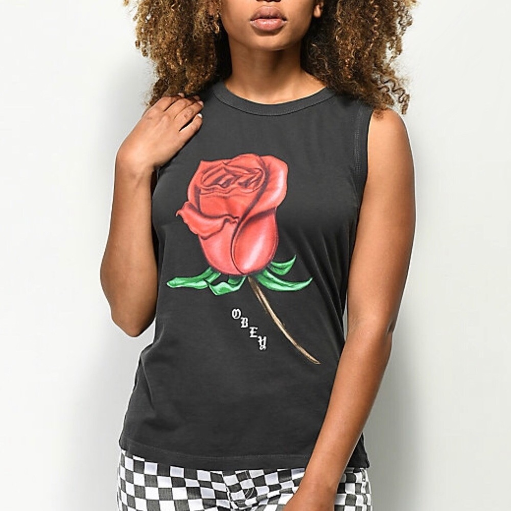 Obey Women's Black Sleeveless Top with Red Rose Design
